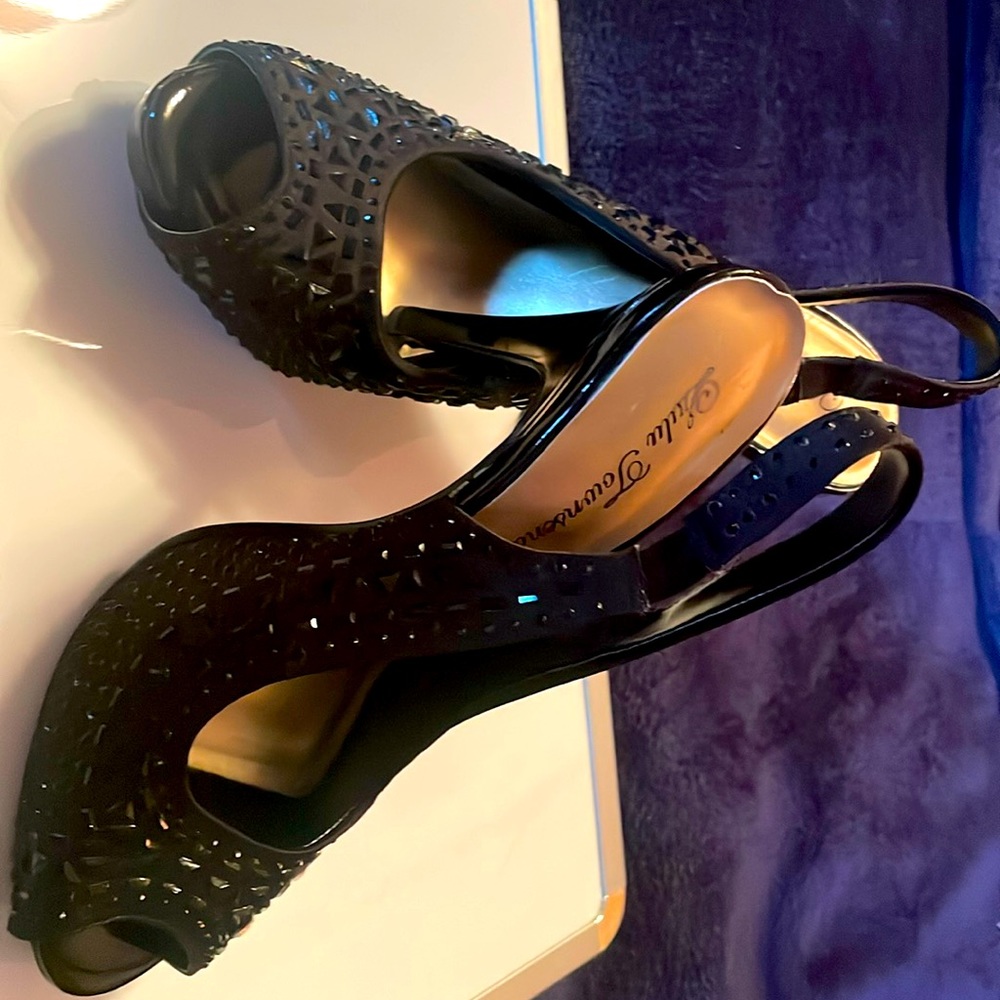 Lulu Townsend 7.5 Peep Toe Black Bejeweled Stiletto Platform Shoes EUC